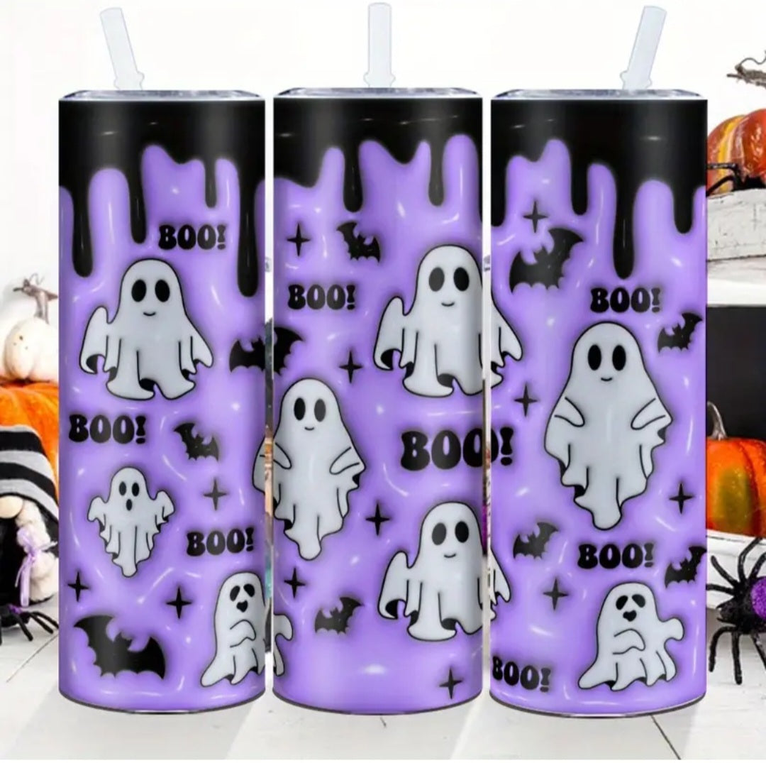 20oz Stainless Steel Flask Halloween Purple Boo Ghosts 2D